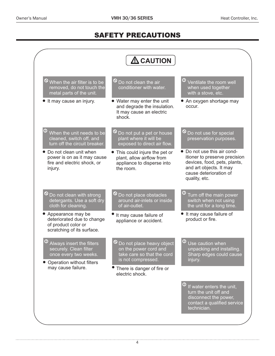 Warning, Caution, Safety precautions | Comfort-Aire VMH 36 Series User Manual | Page 4 / 15