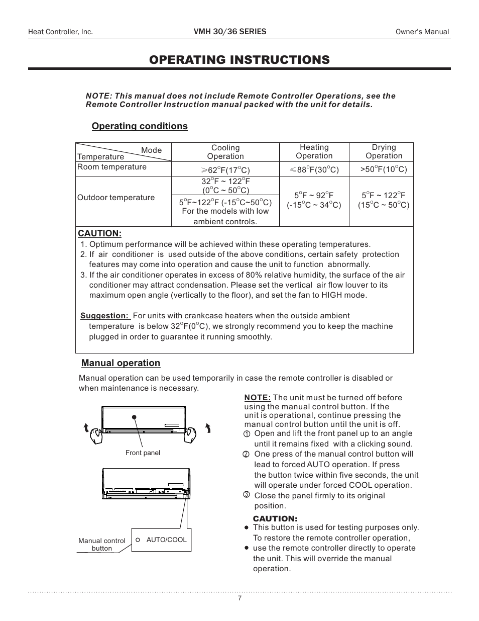 Operating instructions, Operating conditions, Caution | Manual operation | Comfort-Aire VMH 36 Series User Manual | Page 7 / 15