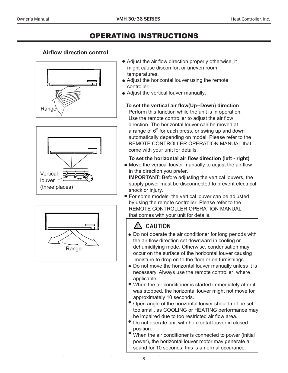 Operating instructions, Operating conditions, Manual operation | Caution | Comfort-Aire VMH 36 Series User Manual | Page 8 / 15