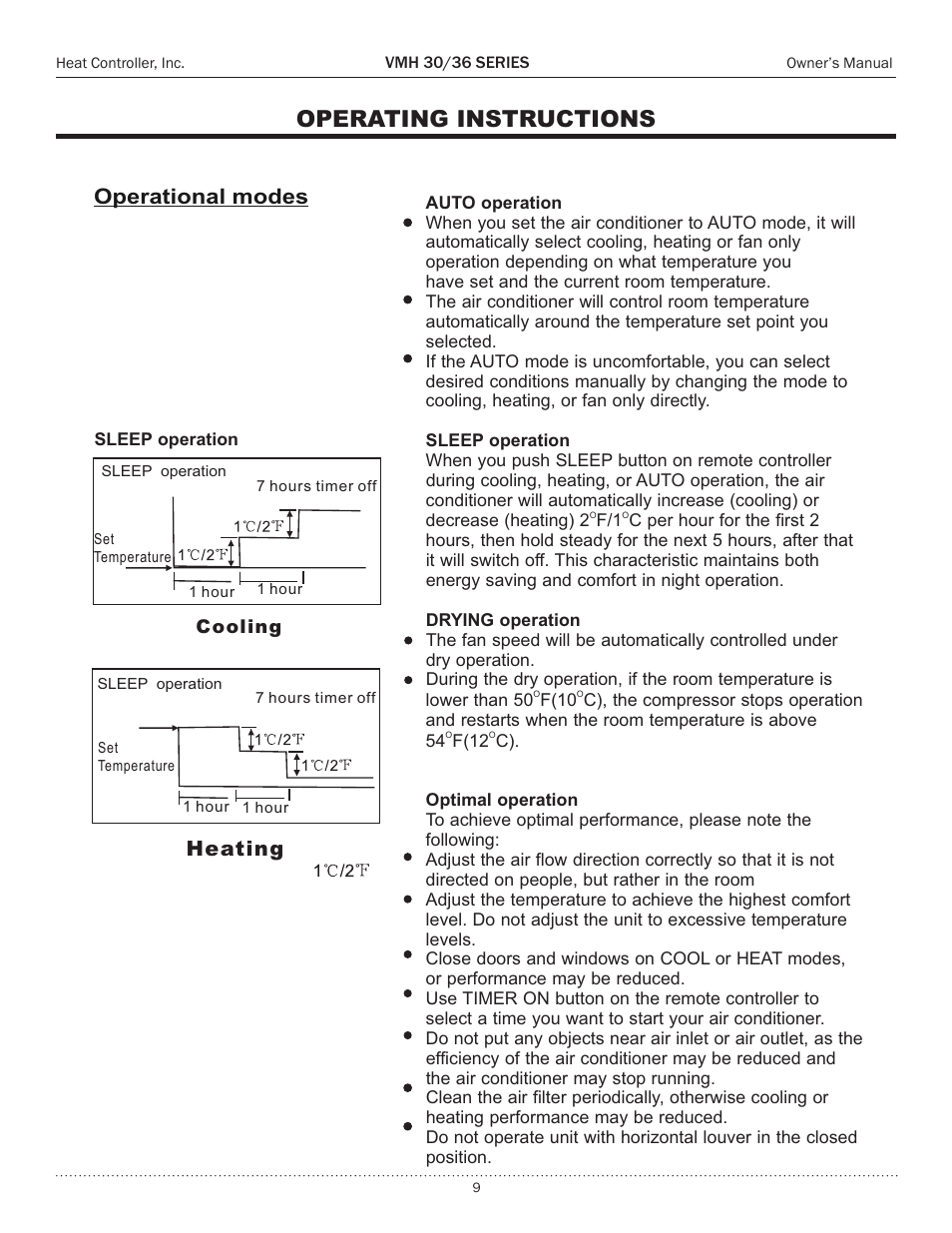 Operating instructions, Care and maintenance, Operational modes | Heating | Comfort-Aire VMH 36 Series User Manual | Page 9 / 15