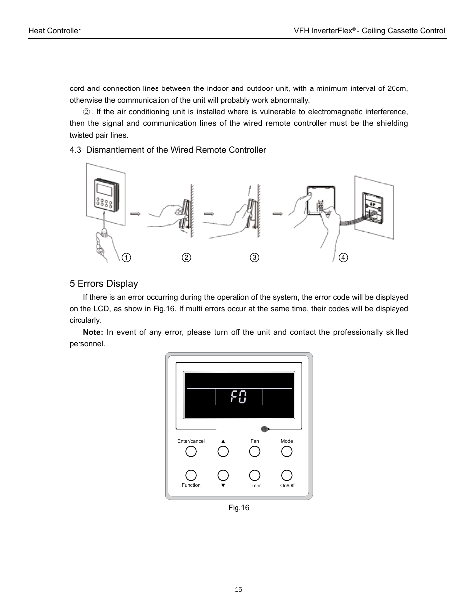 Wired remote controller xk19 15, 5 errors display, 3 dismantlement of the wired remote controller | Comfort-Aire VFH 24 CA User Manual | Page 17 / 24