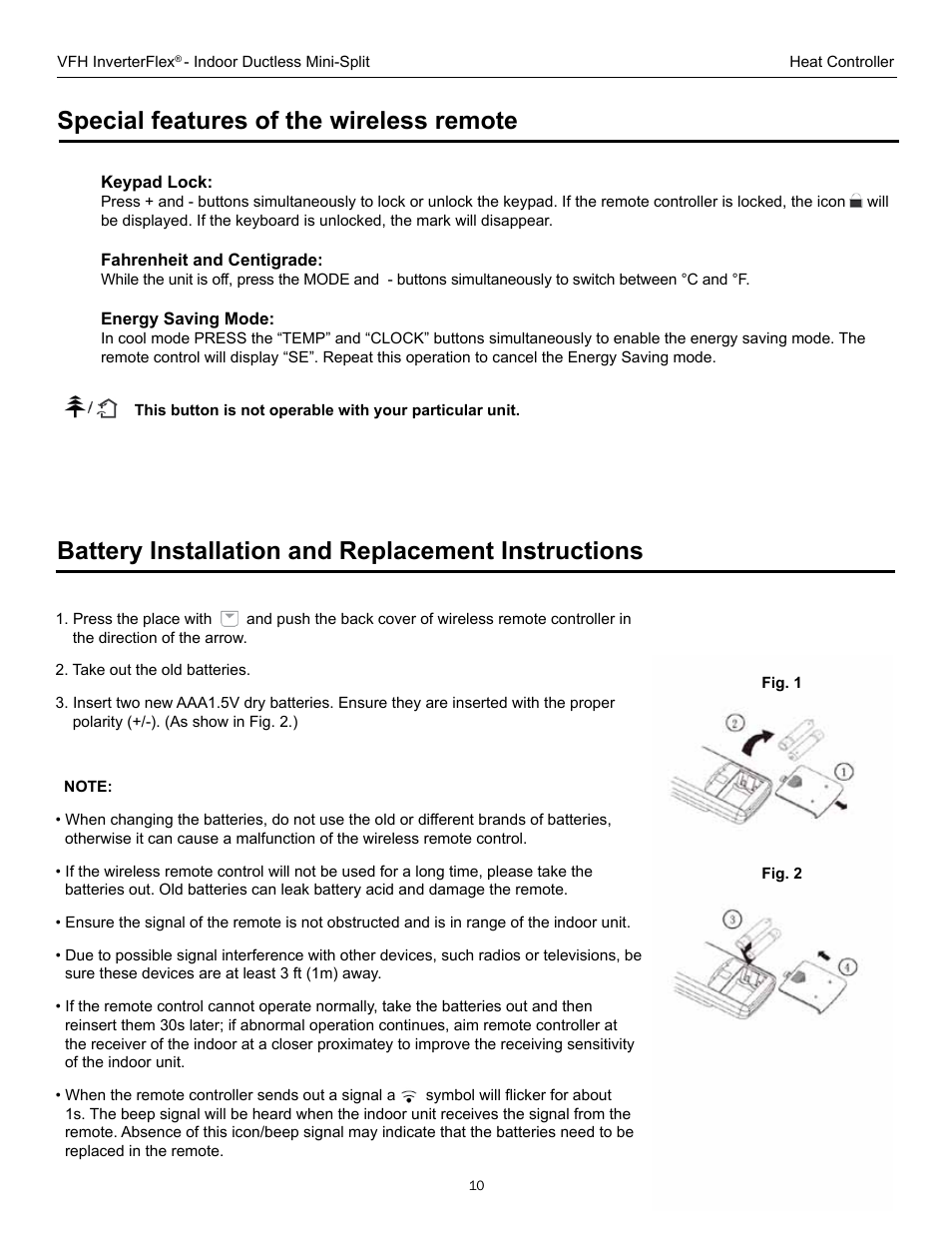 Special features of the wireless remote, Battery installation and replacement instructions | Comfort-Aire B-VFH18MA-1 User Manual | Page 10 / 24