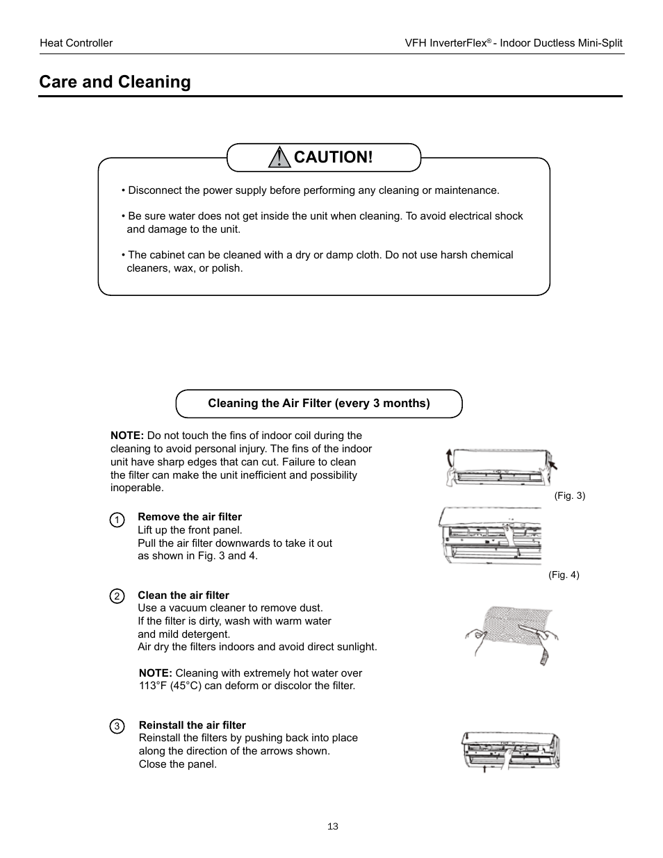 Care and cleaning, Caution | Comfort-Aire B-VFH18MA-1 User Manual | Page 13 / 24