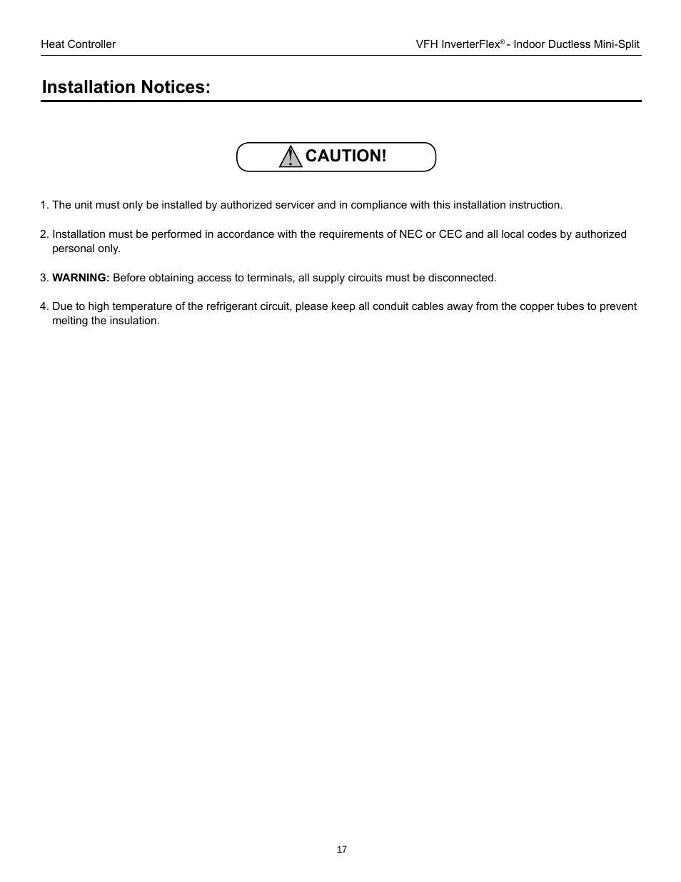 Installation notices, Caution | Comfort-Aire B-VFH18MA-1 User Manual | Page 17 / 24