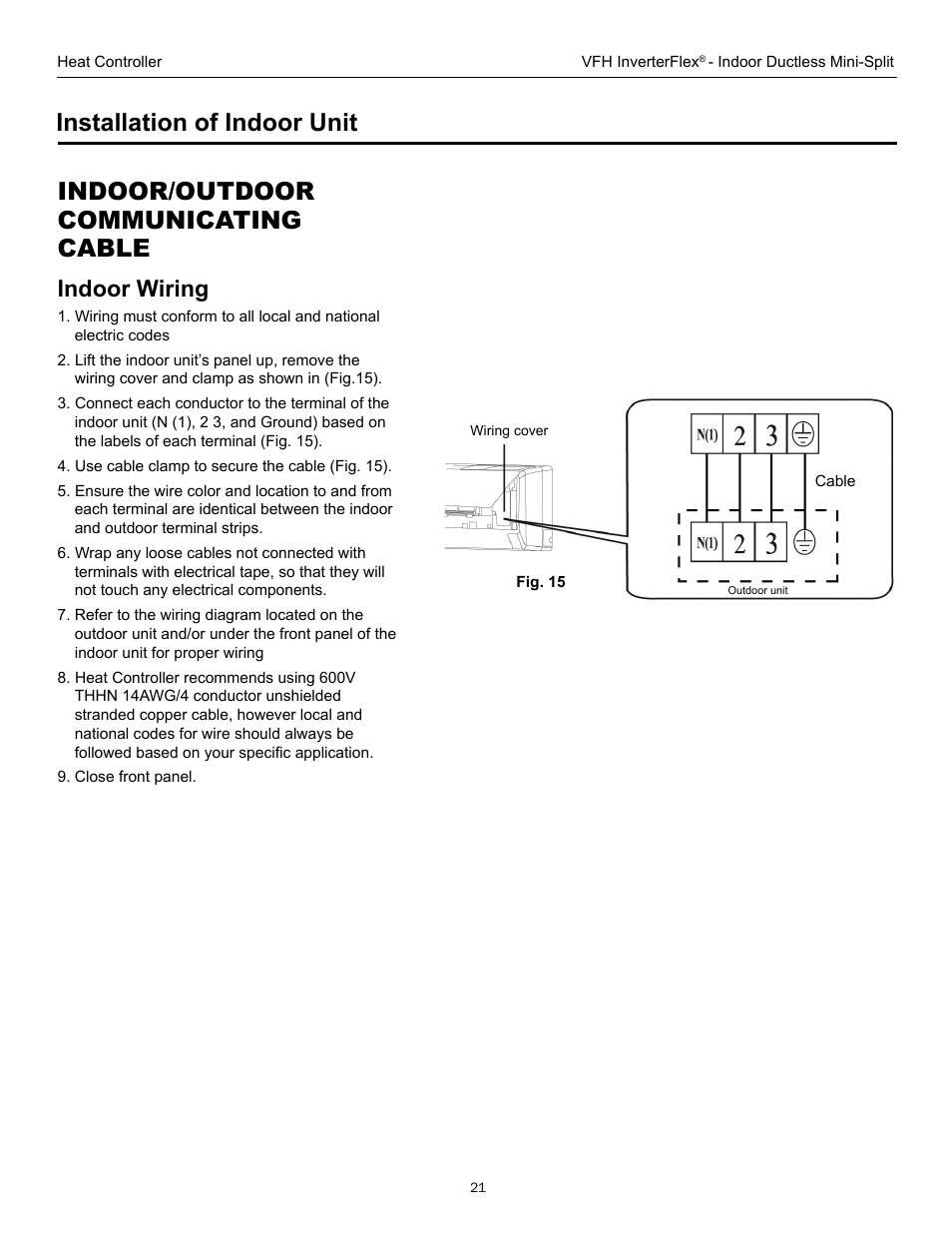 Indoor/outdoor communicating cable, Installation of indoor unit, Indoor wiring | Comfort-Aire B-VFH18MA-1 User Manual | Page 21 / 24