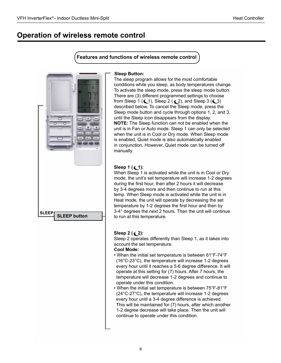 Operation of wireless remote control | Comfort-Aire B-VFH18MA-1 User Manual | Page 8 / 24