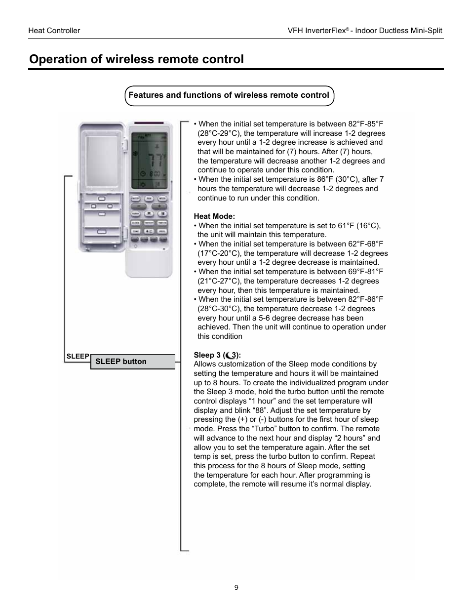 Operation of wireless remote control | Comfort-Aire B-VFH18MA-1 User Manual | Page 9 / 24