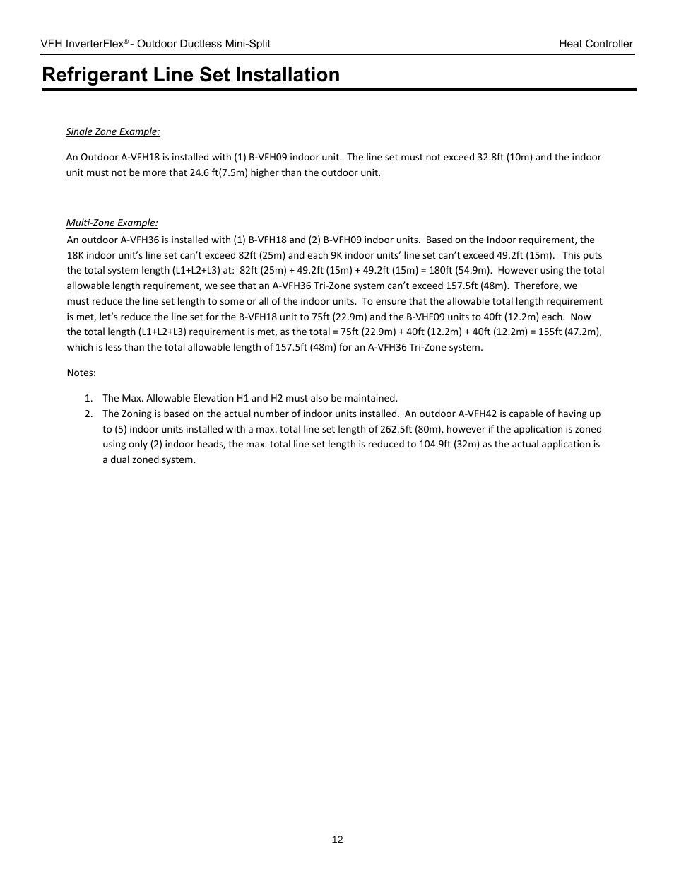 Vfh inverterflex system line set requirements, Refrigerant line set installation | Comfort-Aire A-VFH42PA-1 User Manual | Page 12 / 28