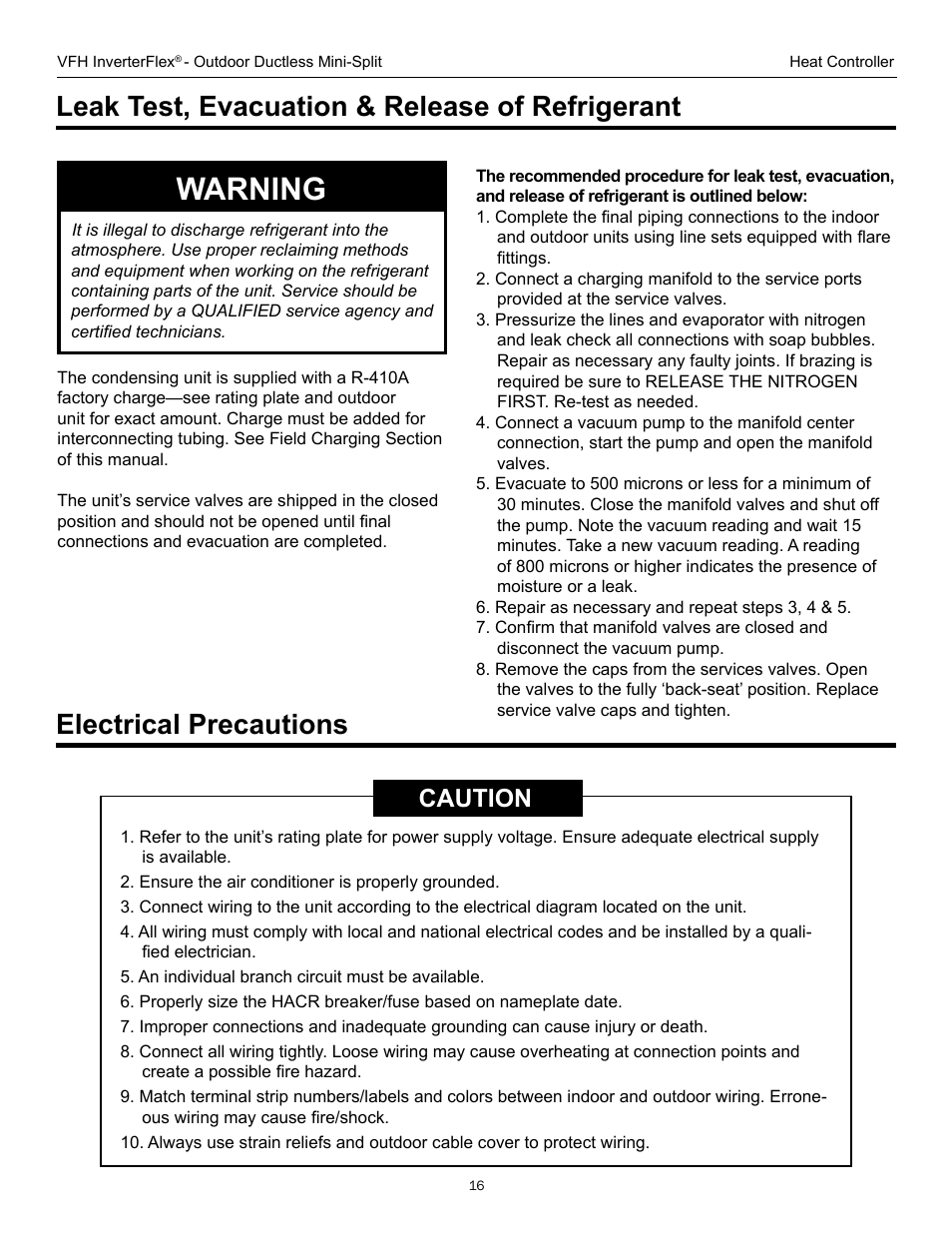 Warning, Leak test, evacuation & release of refrigerant, Electrical precautions | Caution | Comfort-Aire A-VFH42PA-1 User Manual | Page 16 / 28