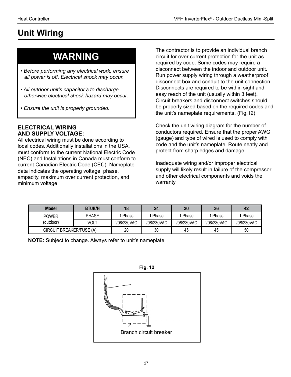 Warning, Unit wiring | Comfort-Aire A-VFH42PA-1 User Manual | Page 17 / 28