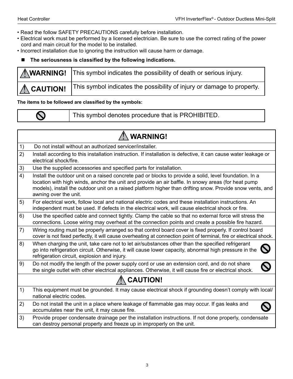 Warning, Caution | Comfort-Aire A-VFH42PA-1 User Manual | Page 3 / 28