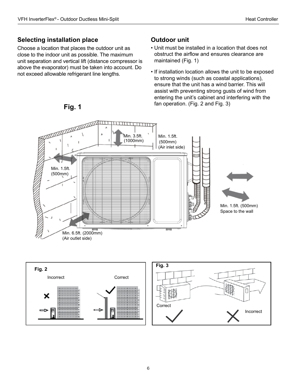 Fig. 1, Selecting installation place, Outdoor unit | Comfort-Aire A-VFH42PA-1 User Manual | Page 6 / 28