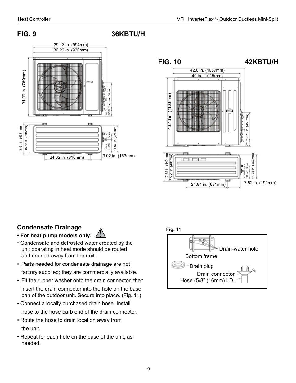 Fig. 10 42kbtu/h, Fig. 9 36kbtu/h, Condensate drainage | Comfort-Aire A-VFH42PA-1 User Manual | Page 9 / 28