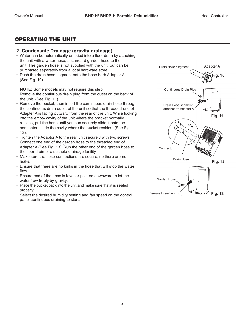 Operating the unit, Condensate drainage (gravity drainage) | Comfort-Aire BHDP-701-H User Manual | Page 10 / 16