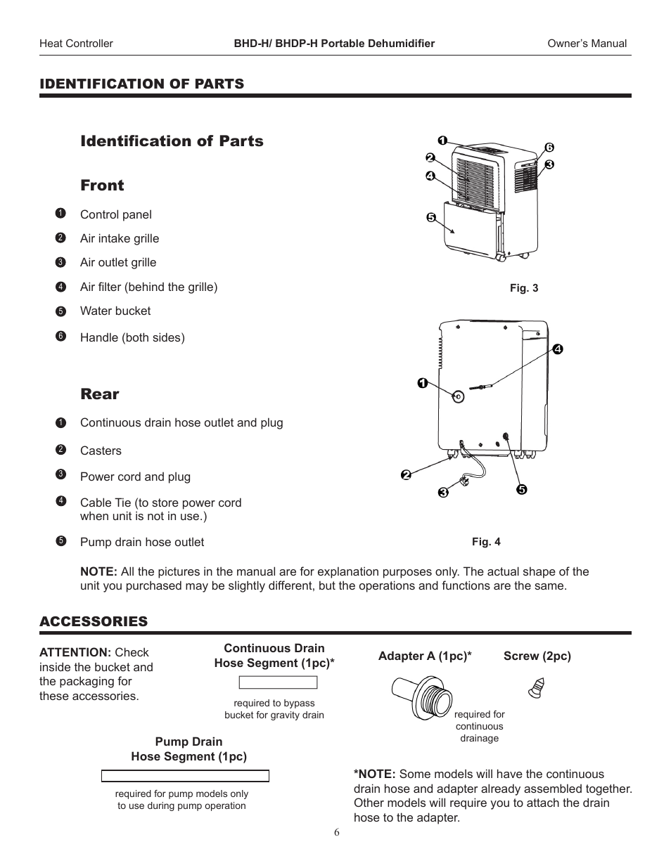 Identification of parts front, Rear | Comfort-Aire BHDP-701-H User Manual | Page 7 / 16