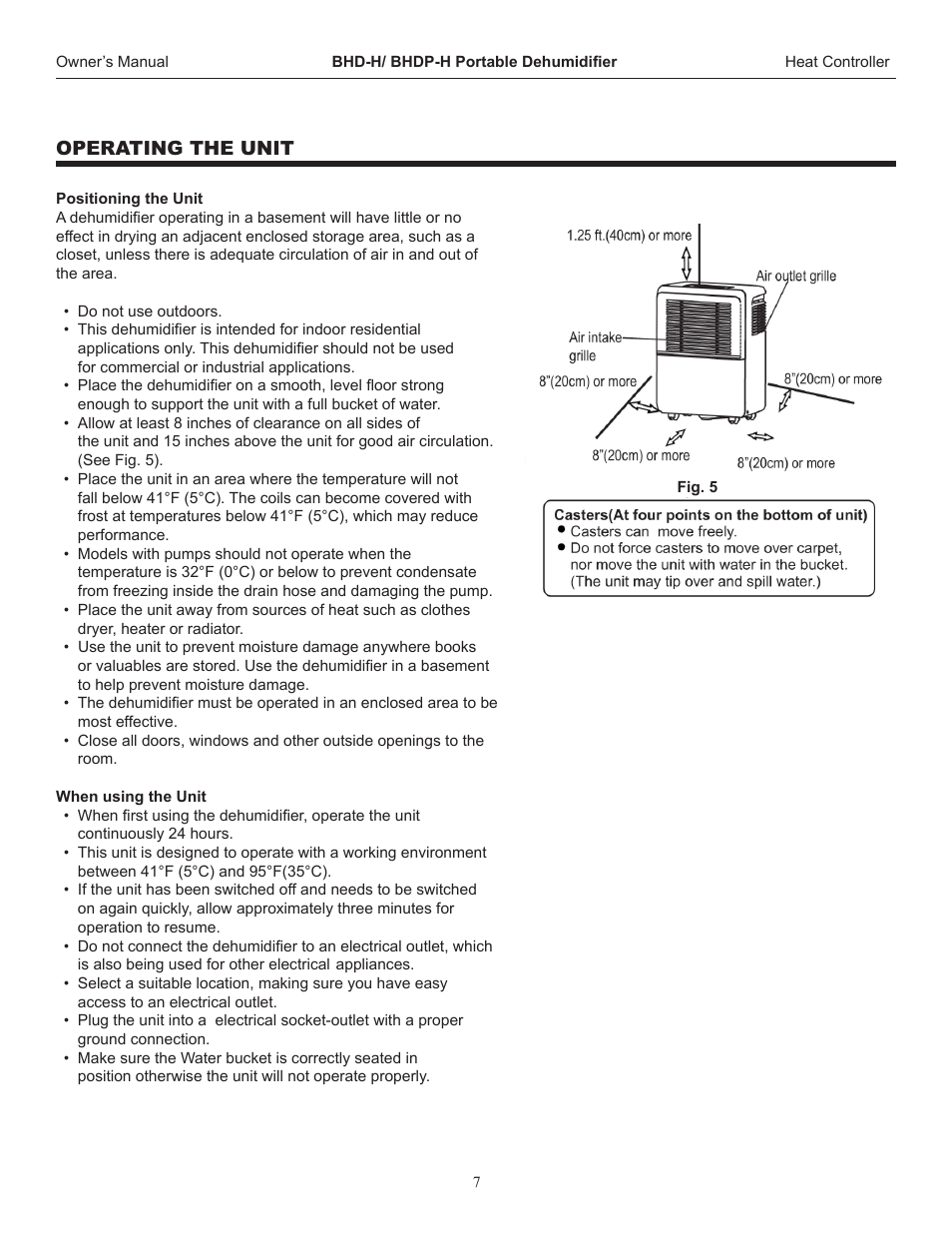 Operating the unit | Comfort-Aire BHDP-701-H User Manual | Page 8 / 16