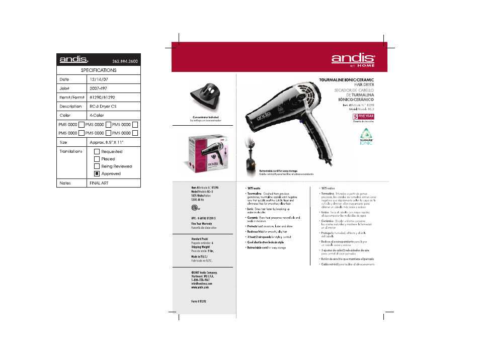 Andis Company RC-3 User Manual | 1 page