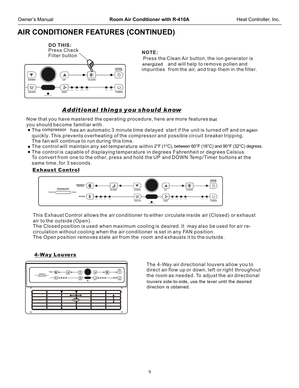 Air conditioner features (continued), Additional things you should know, Air conditioner features | Press check filter button do this, Follow me, Auto low med high auto cool dry fan on off | Comfort-Aire CD-121J User Manual | Page 10 / 23