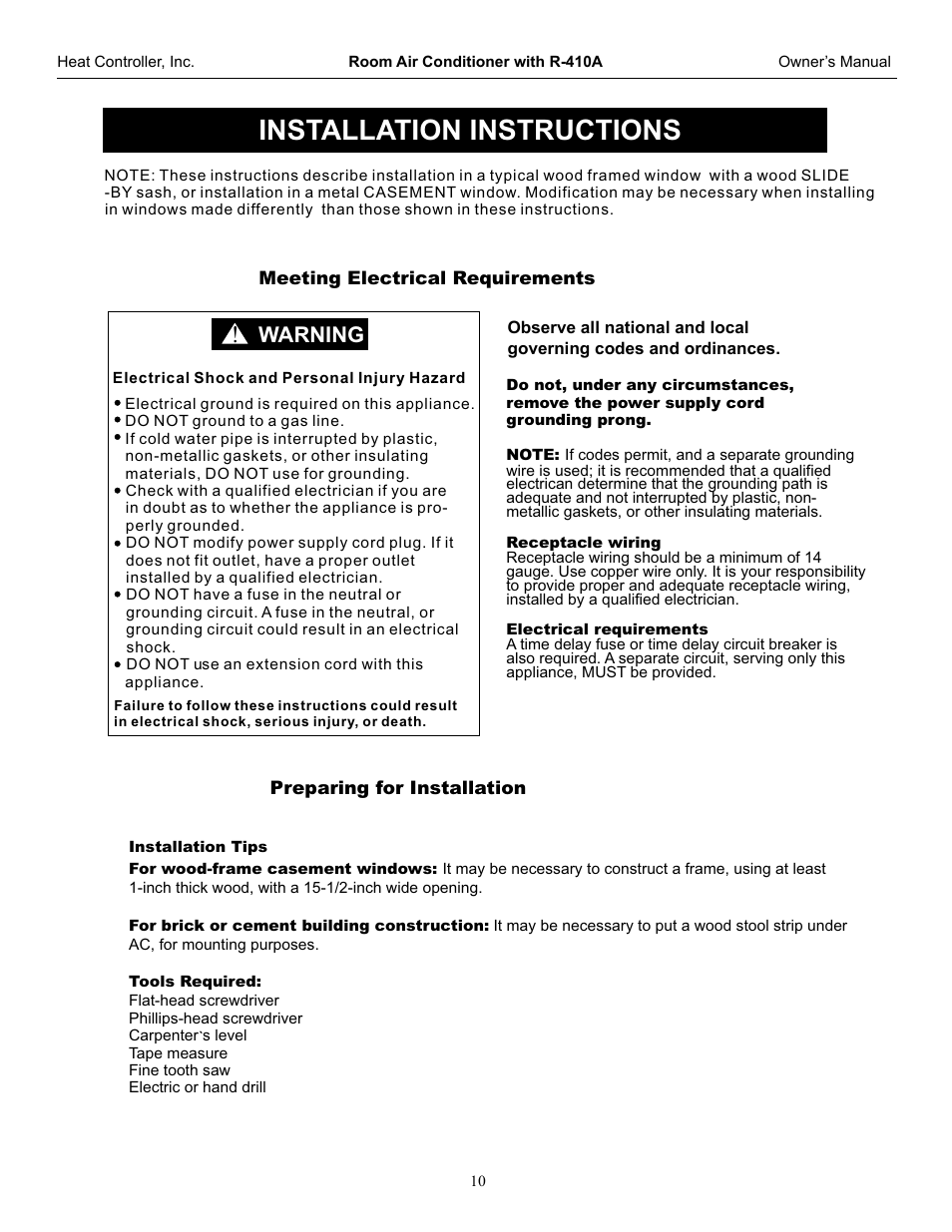 Installation instructions, Warning | Comfort-Aire CD-121J User Manual | Page 11 / 23