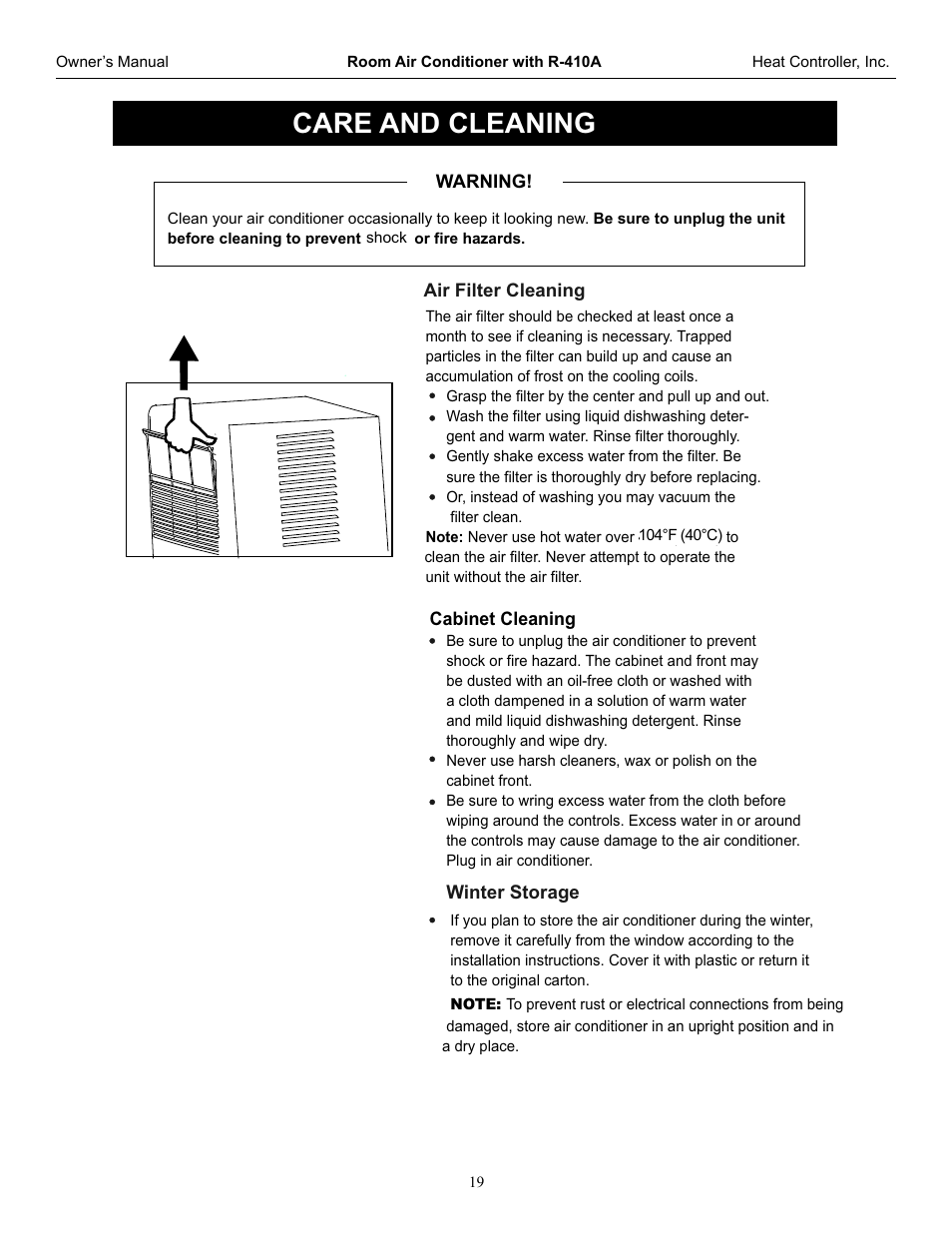 Caution, Care and cleaning | Comfort-Aire CD-121J User Manual | Page 20 / 23