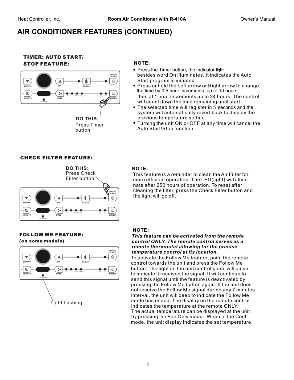 Air conditioner features(continued), Air conditioner features (continued), 9air conditioner features | Follow me feature, Press the timer button, the indicator, On some models), Light | Comfort-Aire CD-121J User Manual | Page 9 / 23