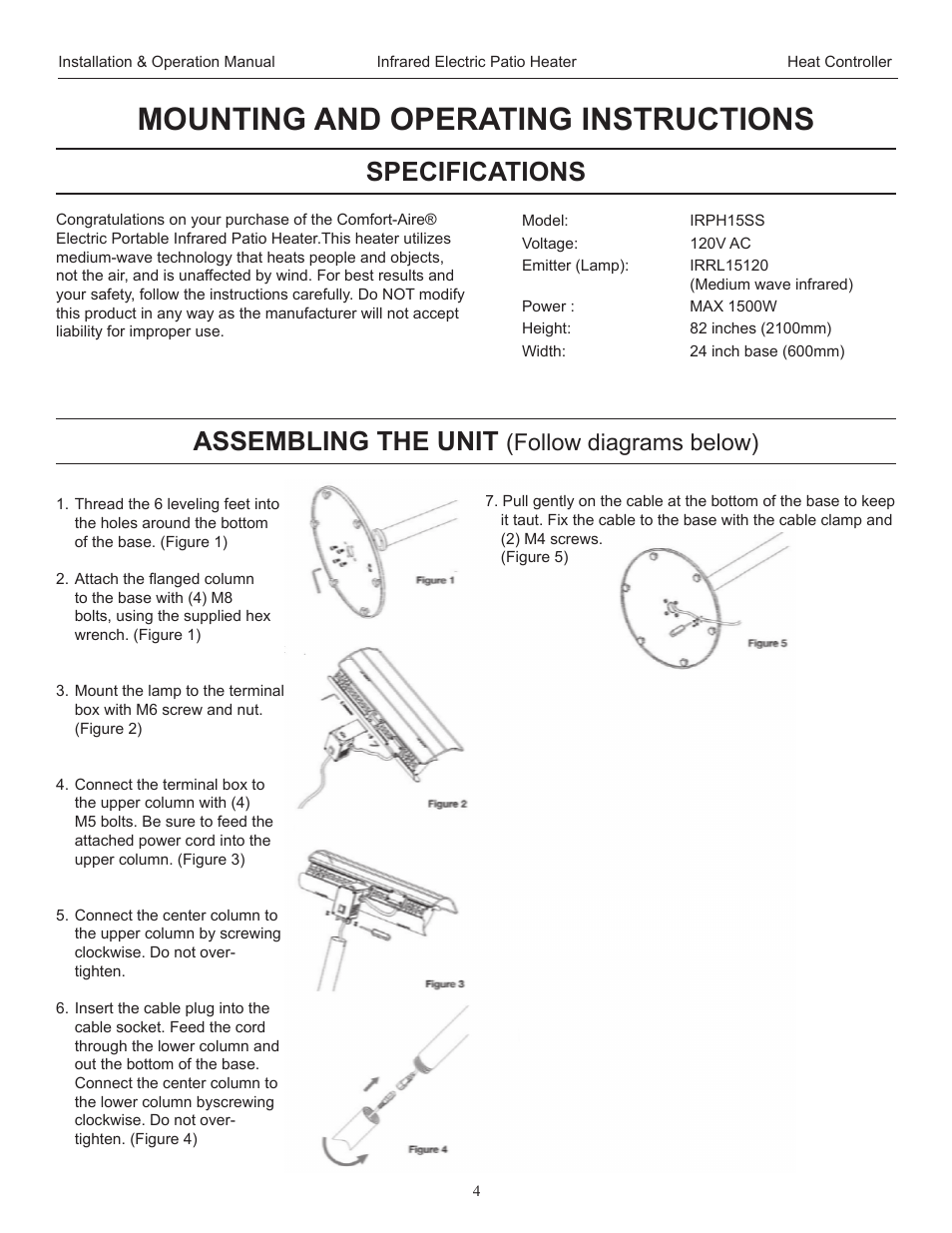 Mounting and operating instructions, Assembling the unit, Specifications | Follow diagrams below) | Comfort-Aire IRPH15SS User Manual | Page 4 / 8