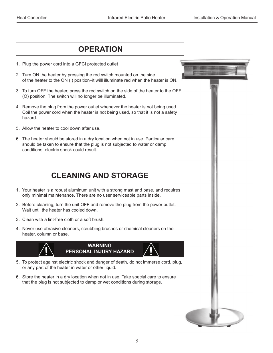 Cleaning and storage, Operation | Comfort-Aire IRPH15SS User Manual | Page 5 / 8