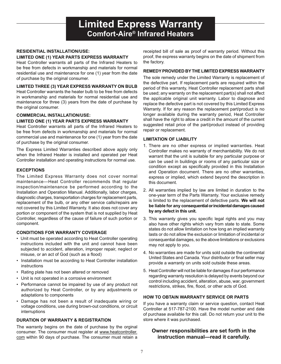 Limited express warranty, Comfort-aire, Infrared heaters | Comfort-Aire IRPH15SS User Manual | Page 7 / 8