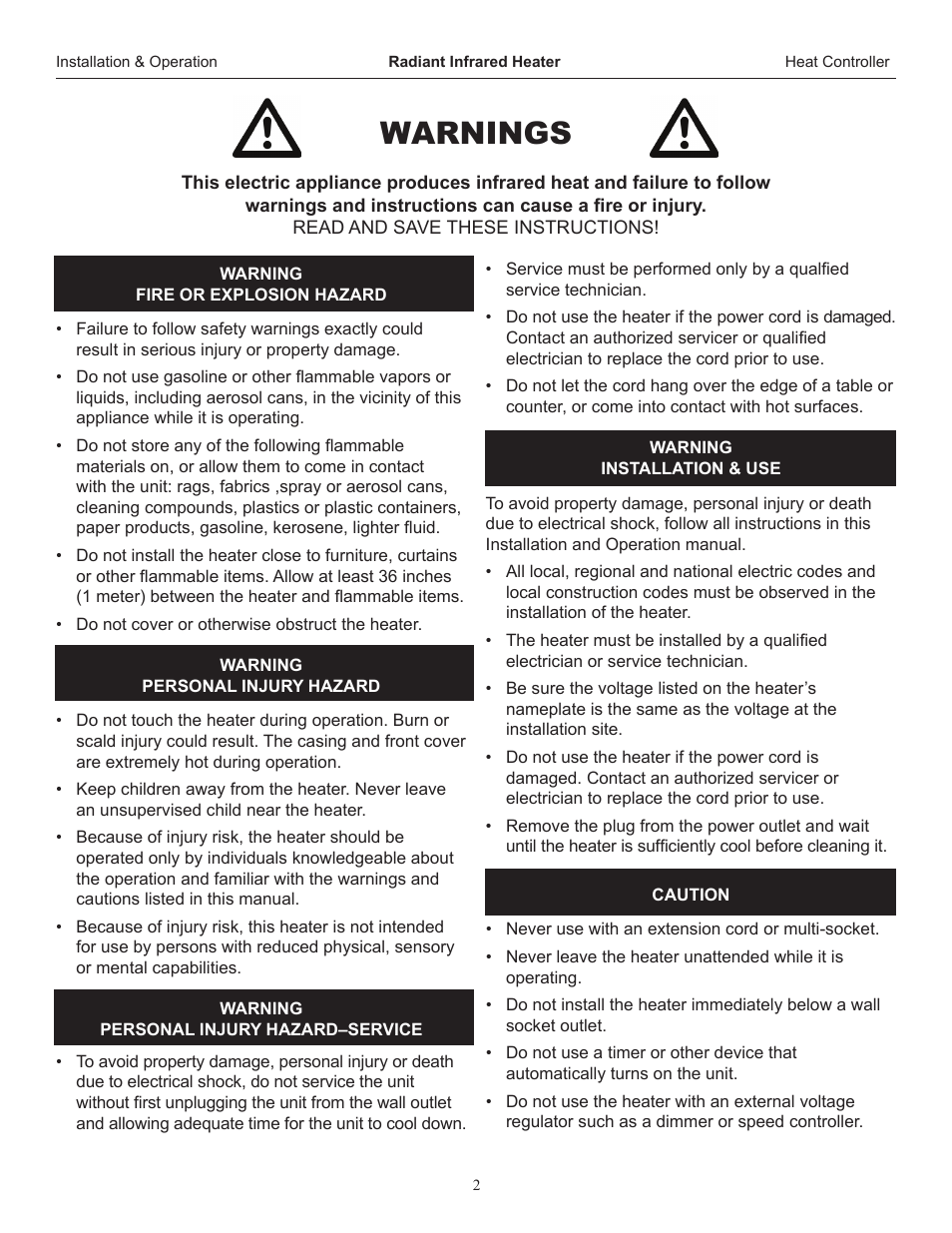 Warnings | Comfort-Aire IR15S User Manual | Page 2 / 8