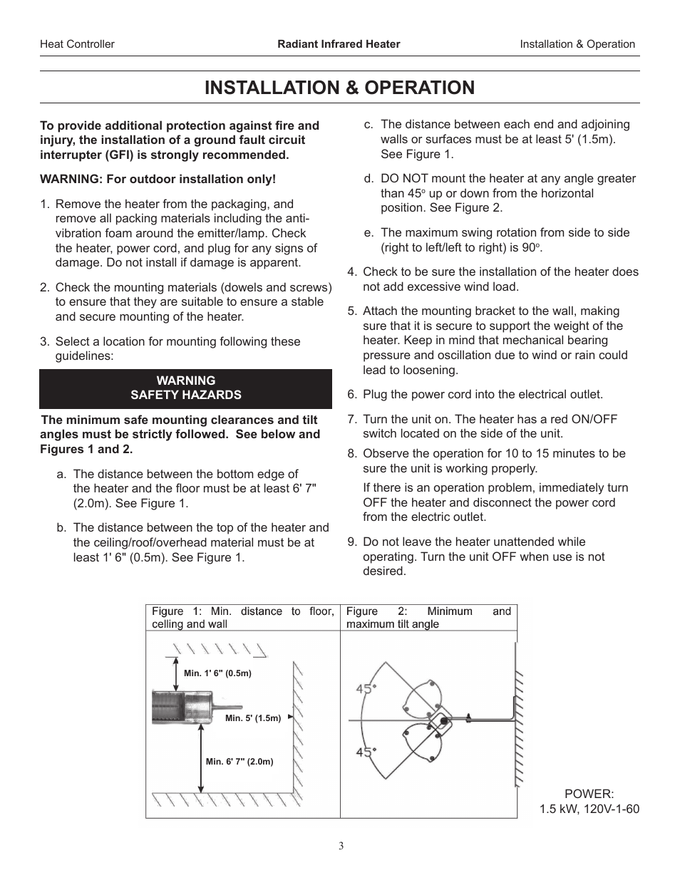 Installation & operation | Comfort-Aire IR15S User Manual | Page 3 / 8