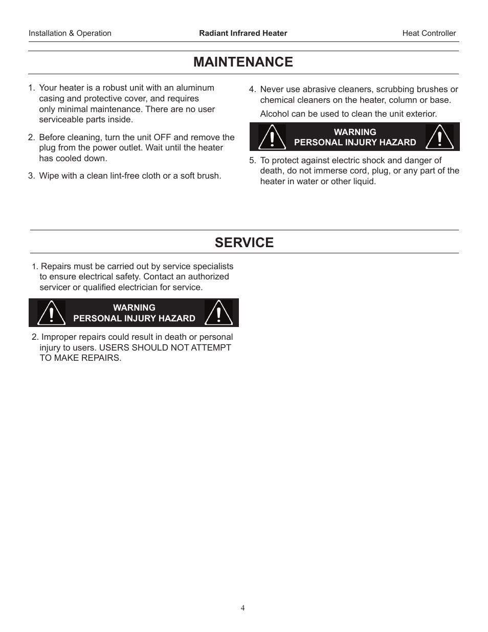 Maintenance, Service | Comfort-Aire IR15S User Manual | Page 4 / 8