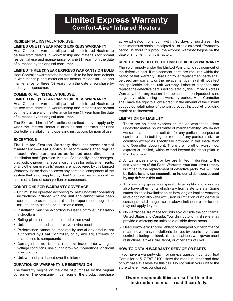 Limited express warranty, Comfort-aire, Infrared heaters | Comfort-Aire IR15S User Manual | Page 5 / 8