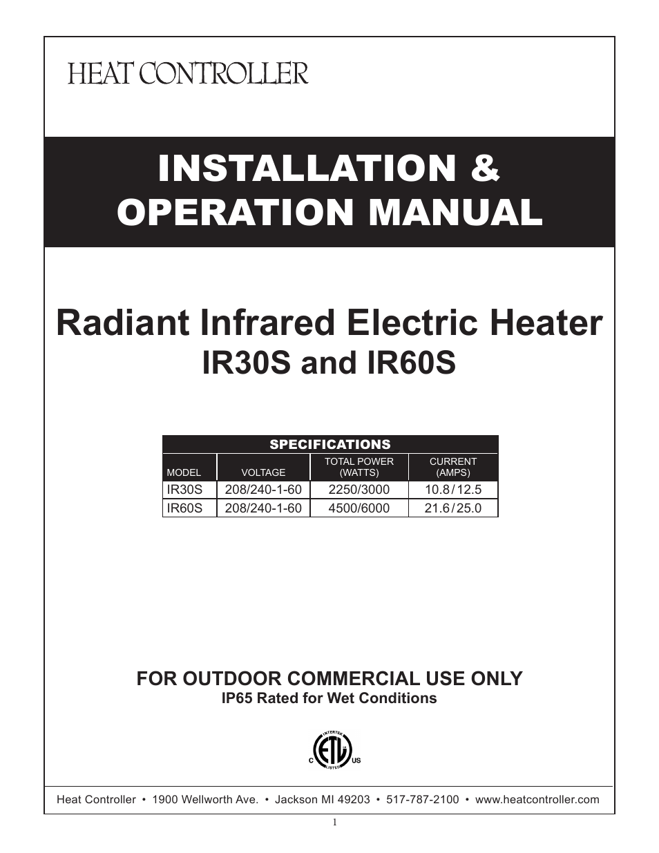 Comfort-Aire IR60S User Manual | 4 pages