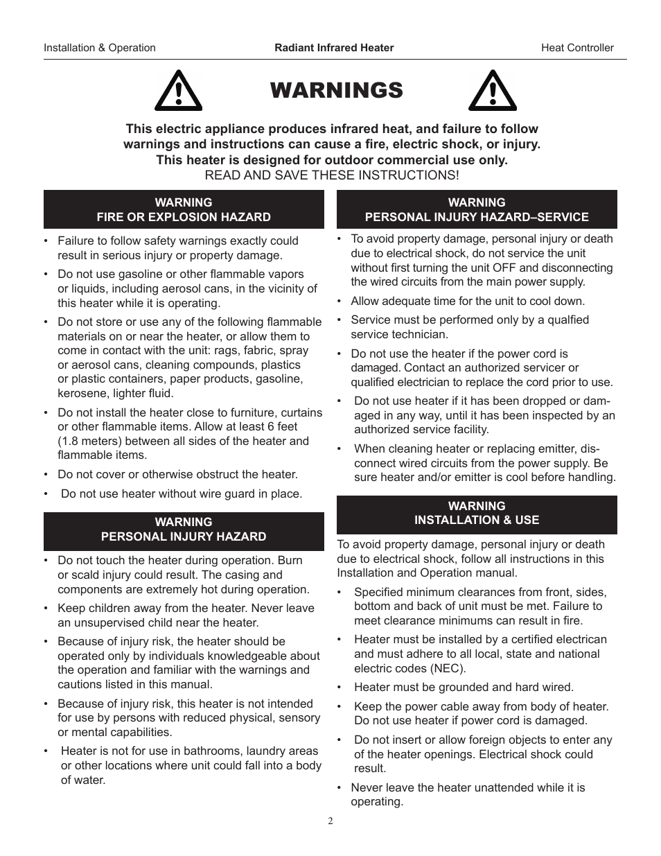 Warnings | Comfort-Aire IR60S User Manual | Page 2 / 4