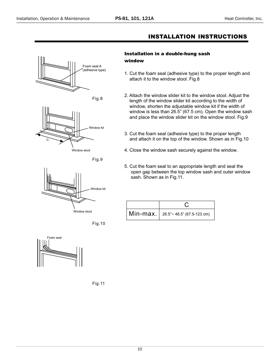 Cmin-max, Installation instructions, Location | Window slider kit installation | Comfort-Aire PS-121A User Manual | Page 10 / 16