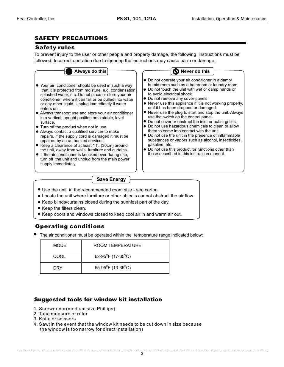Safety precautions, Electrical information | Comfort-Aire PS-121A User Manual | Page 3 / 16