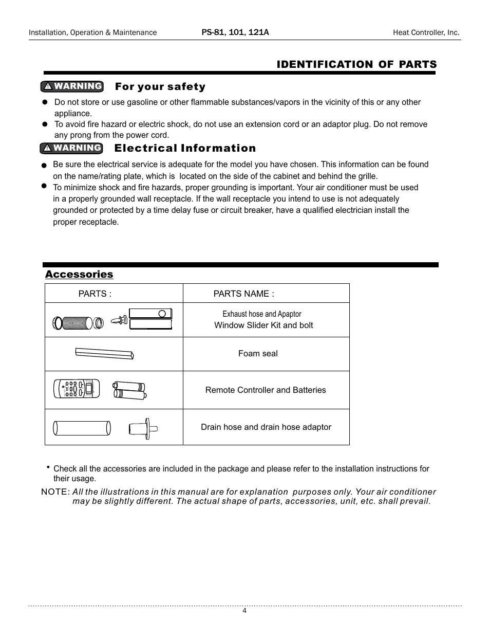 Safety precautions, Electrical information, For your safety | Identification of parts accessories, Save energy, Always do this, Never do this, Parts : parts name | Comfort-Aire PS-121A User Manual | Page 4 / 16