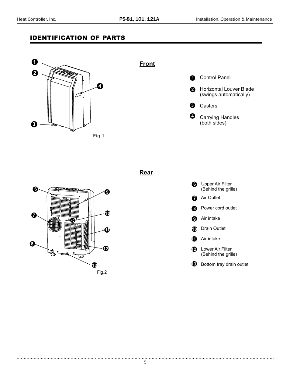 Identification of parts front, Rear, Air conditioner features | Comfort-Aire PS-121A User Manual | Page 5 / 16