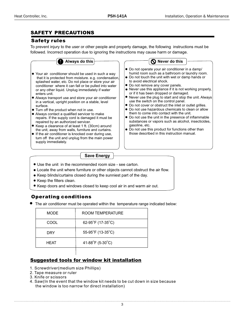 Safety precautions | Comfort-Aire PSH-141A User Manual | Page 3 / 16