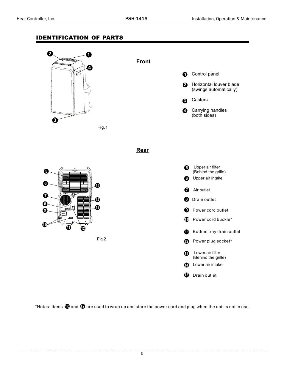 Identification of parts front rear | Comfort-Aire PSH-141A User Manual | Page 5 / 16