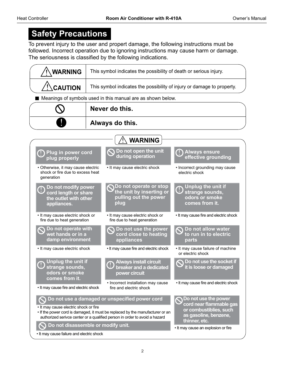 Safety precautions, Warning always do this. never do this, Caution | Warning | Comfort-Aire RADS-123L User Manual | Page 3 / 18