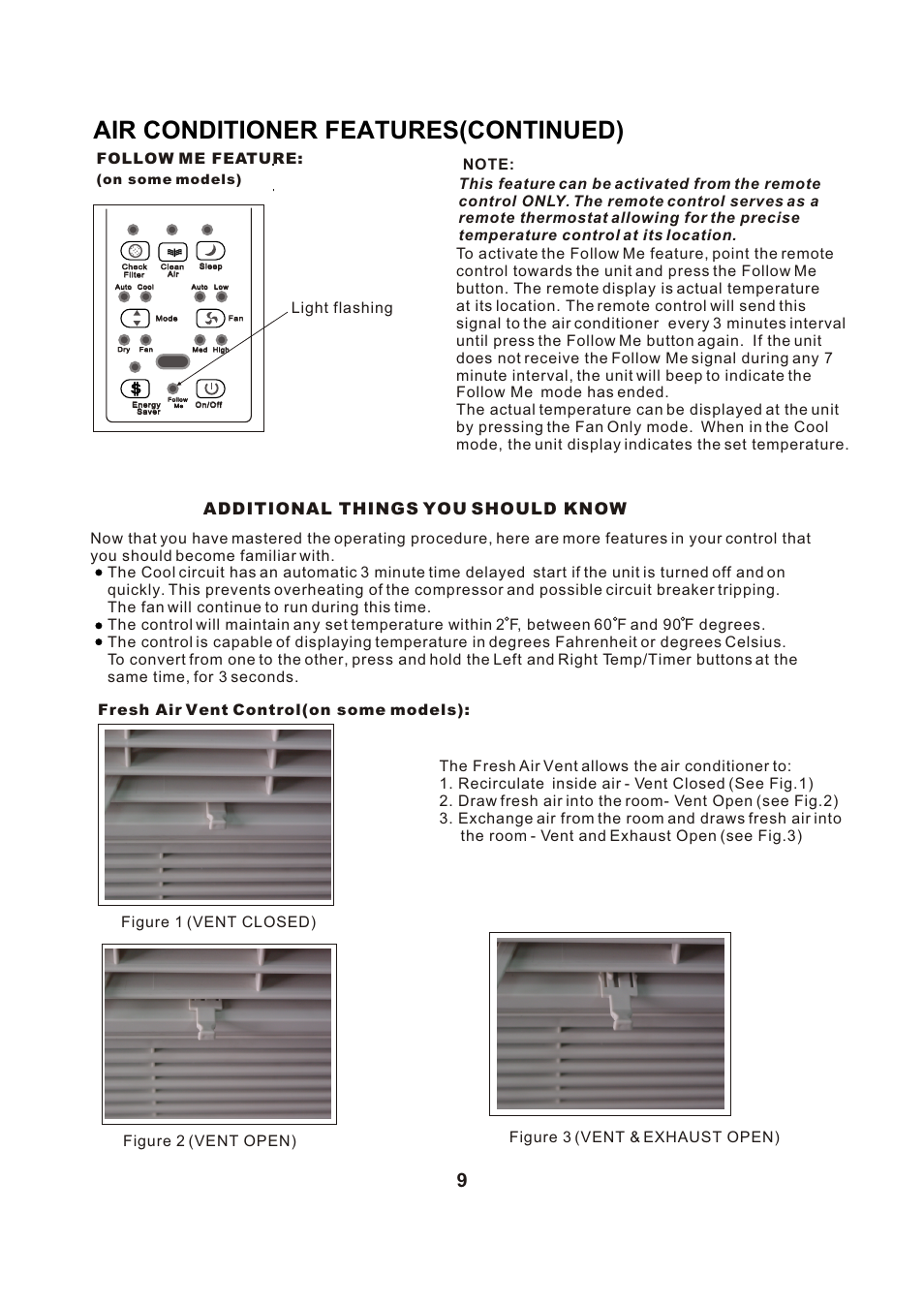 Т³гж 10, Air conditioner features(continued), Additional things you should know | Follow me feature, On some models) | Comfort-Aire RAD-123G User Manual | Page 10 / 18