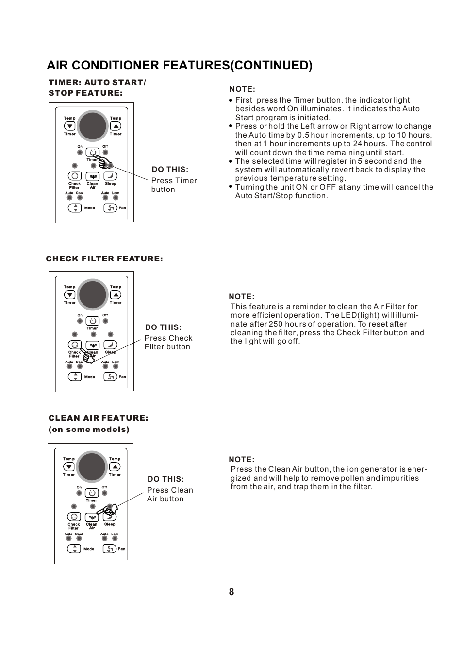 Т³гж 9, Air conditioner features(continued) | Comfort-Aire RAD-123G User Manual | Page 9 / 18