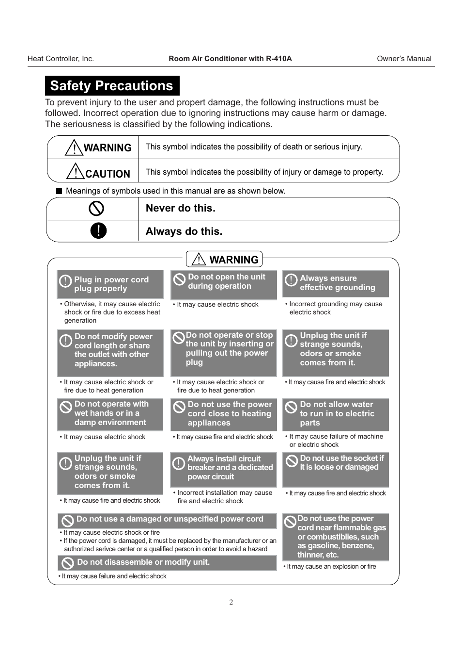 Safety precautions, Warning always do this. never do this, Caution | Warning | Comfort-Aire RAD-283J User Manual | Page 3 / 22