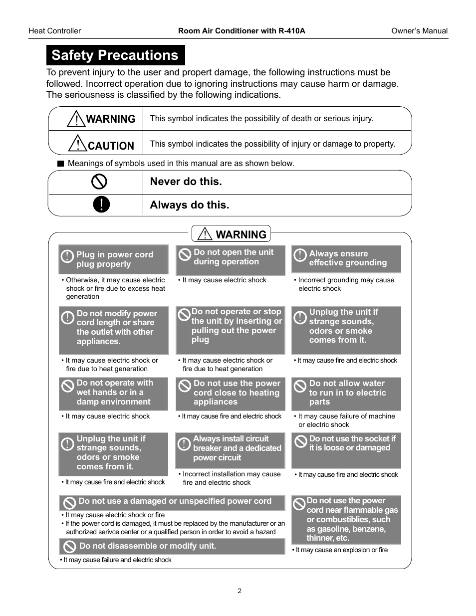 Safety precautions, Warning always do this. never do this, Caution | Warning | Comfort-Aire RAD-61L User Manual | Page 3 / 20