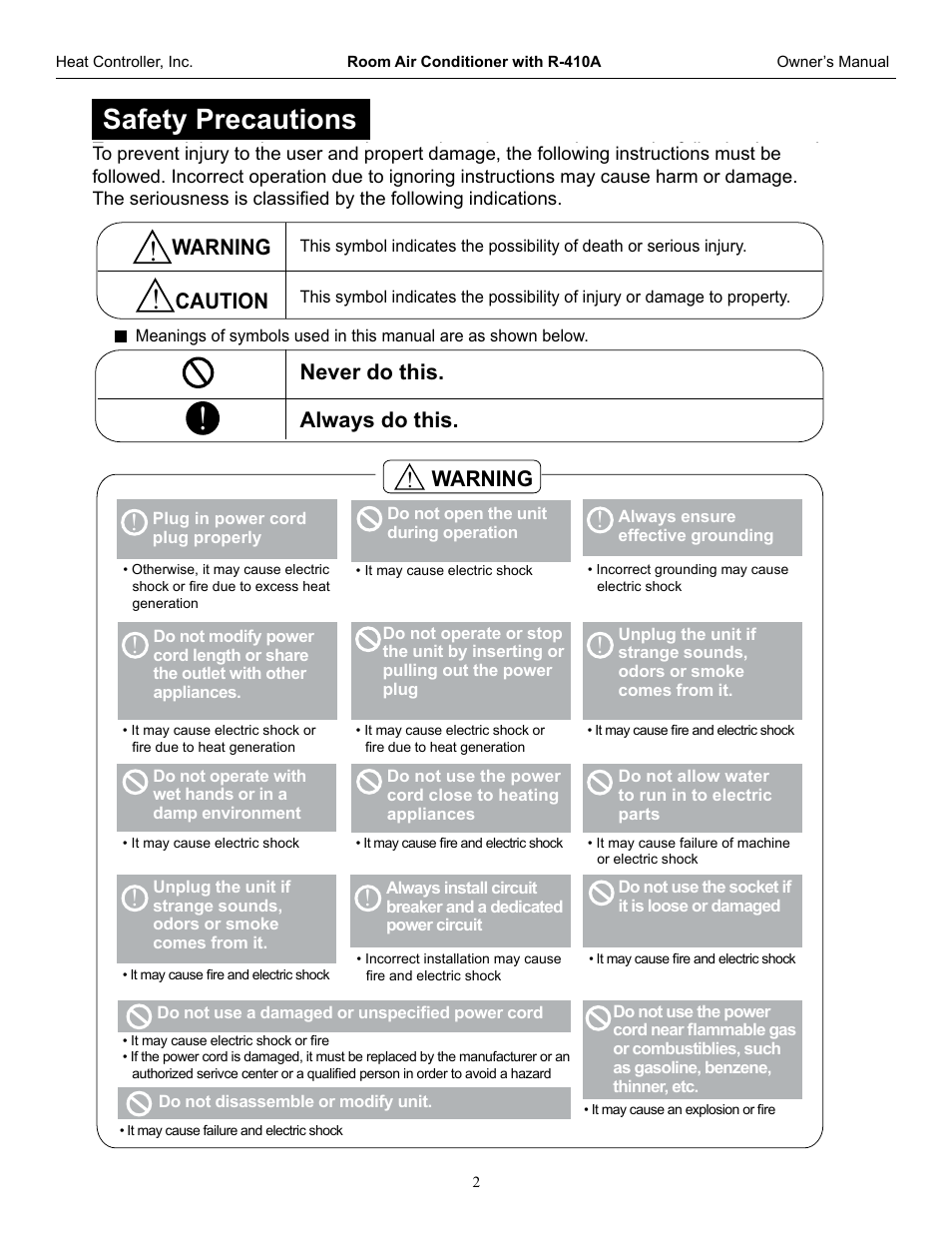 Safety precautions, Warning always do this. never do this, Caution | Warning | Comfort-Aire RADS-121G User Manual | Page 3 / 18