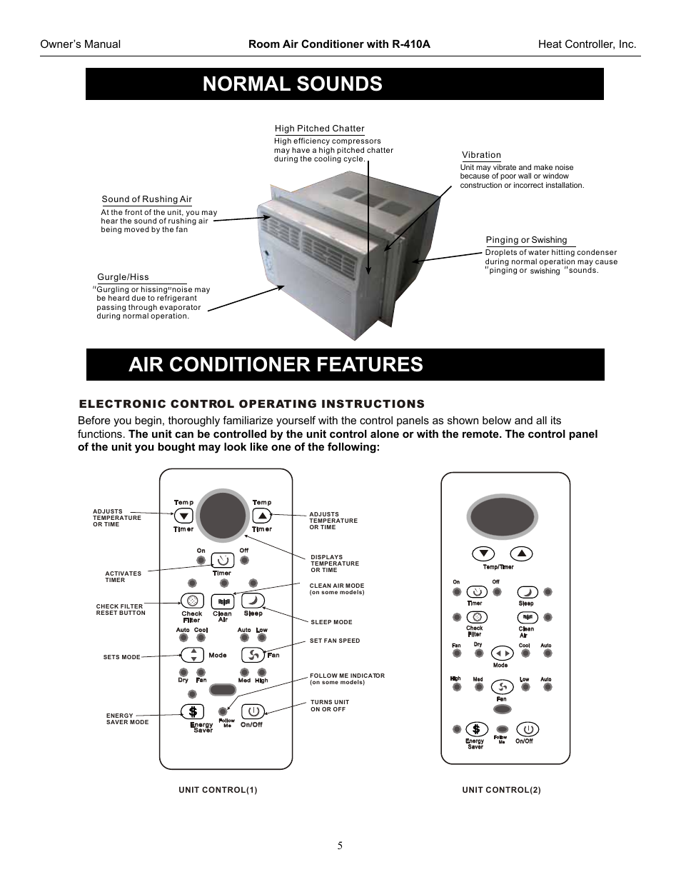 Window/wall type room air conditioner, Normal sounds air conditioner features | Comfort-Aire RADS-121G User Manual | Page 6 / 18