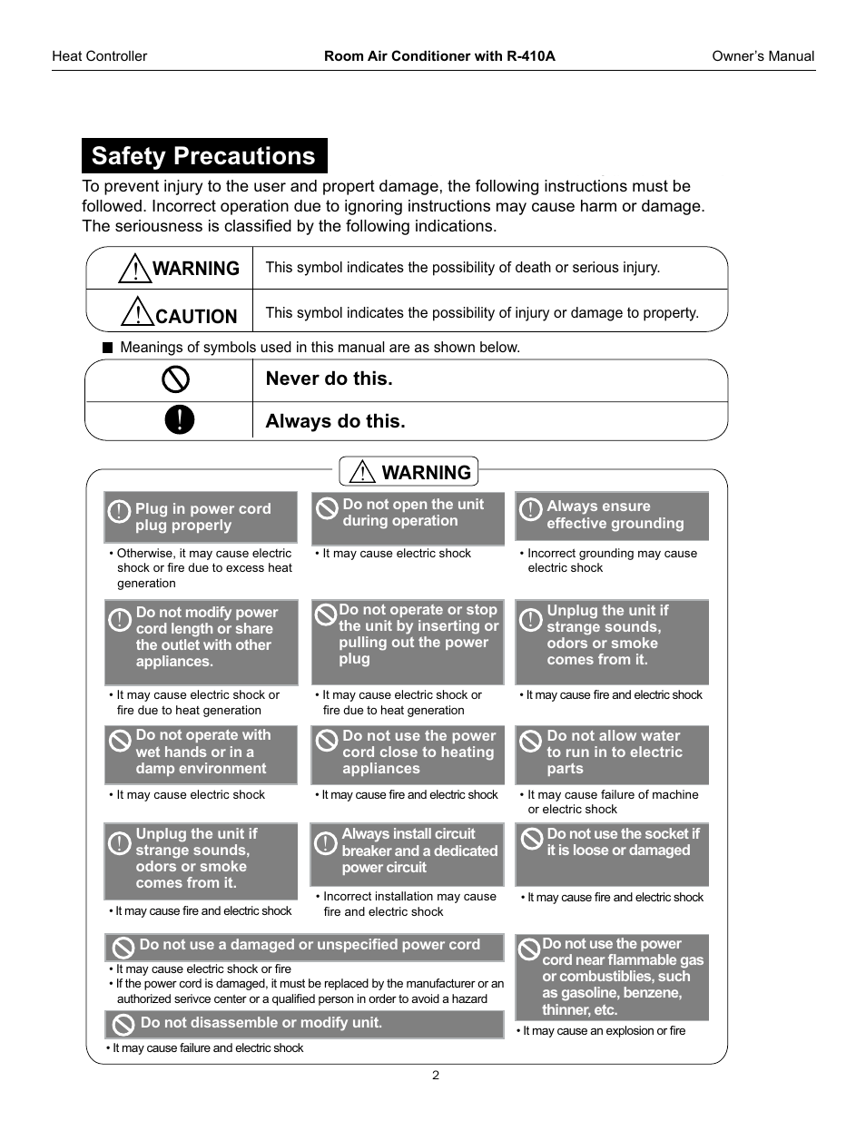 Safety precautions, Warning always do this. never do this, Caution | Warning | Comfort-Aire REG-253L User Manual | Page 3 / 22