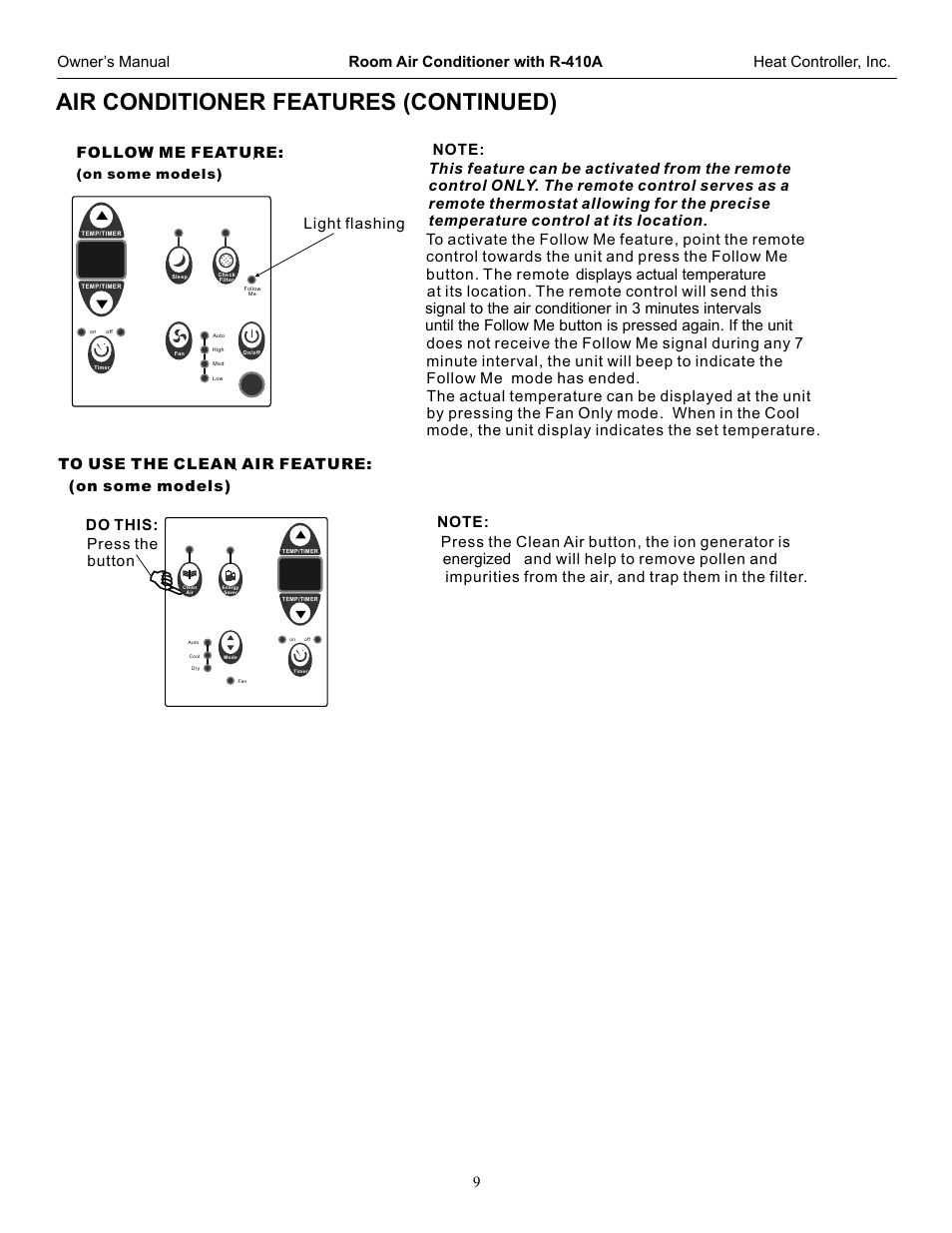 Air conditioner features(continued), Air conditioner features (continued), Additional things you should know | Follow me feature, Light flashing | Comfort-Aire RADS-253G User Manual | Page 10 / 20