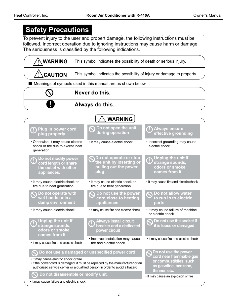 Safety precautions, Warning always do this. never do this, Caution | Warning | Comfort-Aire RADS-253G User Manual | Page 3 / 20